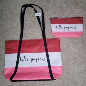 Chic Hello Gorgeous Tote and Pouch Set - Pink and White